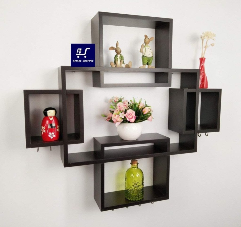 AMAZE SHOPPEE Wooden Wall Mounted Shelf Rack for Living Room Decor (Black) - Set of 5 (Design2C)